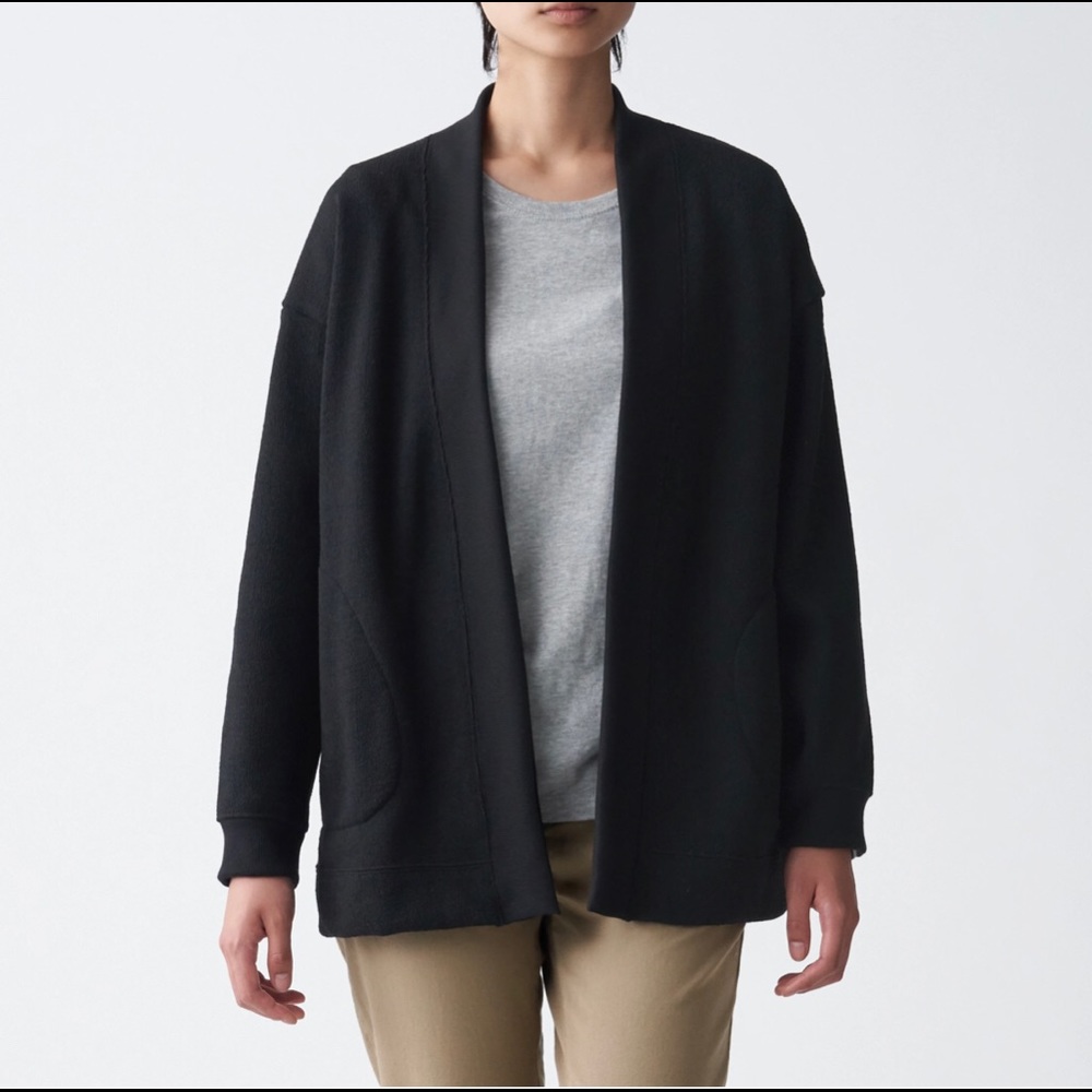 Muji Fleece Knit Wide Cardigan - Black - XS-S